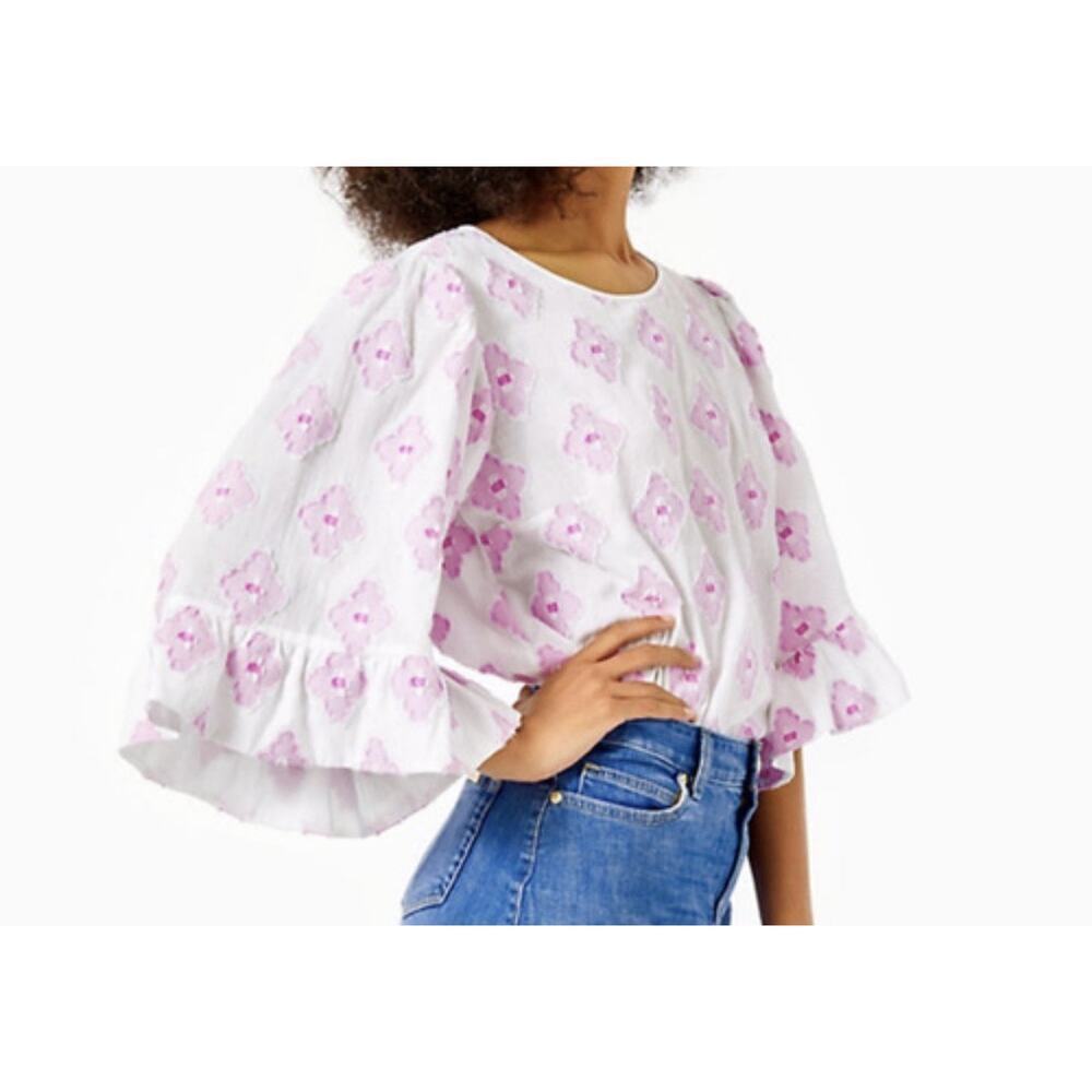 Lilly Pulitzer Women's S Pink Floral Francis Blouse Flare Flutter Top Boho